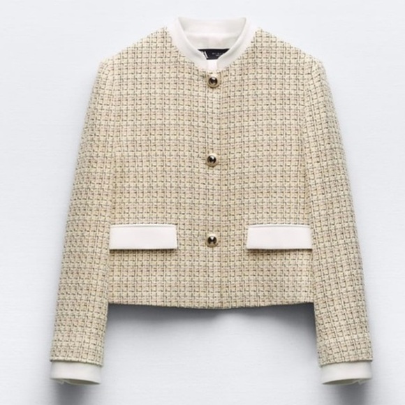 Zara Jackets & Blazers - Zara Cream/Yellow Tweed Blazer with Contrast Cuffs